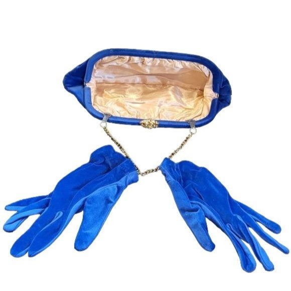 Beautiful Colbat Blue Velvet and Gold Accent Clutch Purse with Matching Gloves - Picture 2 of 16